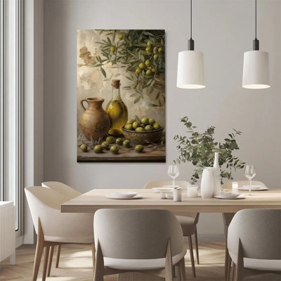 Canvas Wall Art - Olive Branches, Olive Oil and Pottery, Realistic Still Life - 24" x 36" for Kitchen and Dining Room