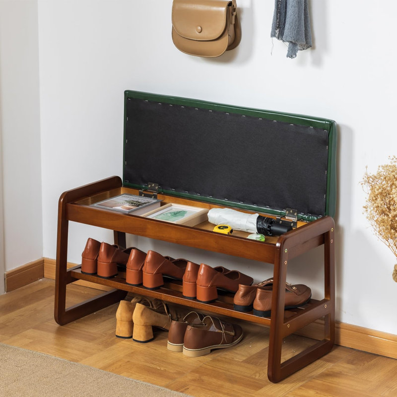 Solid Wood Bench, Entryway Shoe Bench With Cushion, Flip-Open Storage Compartment