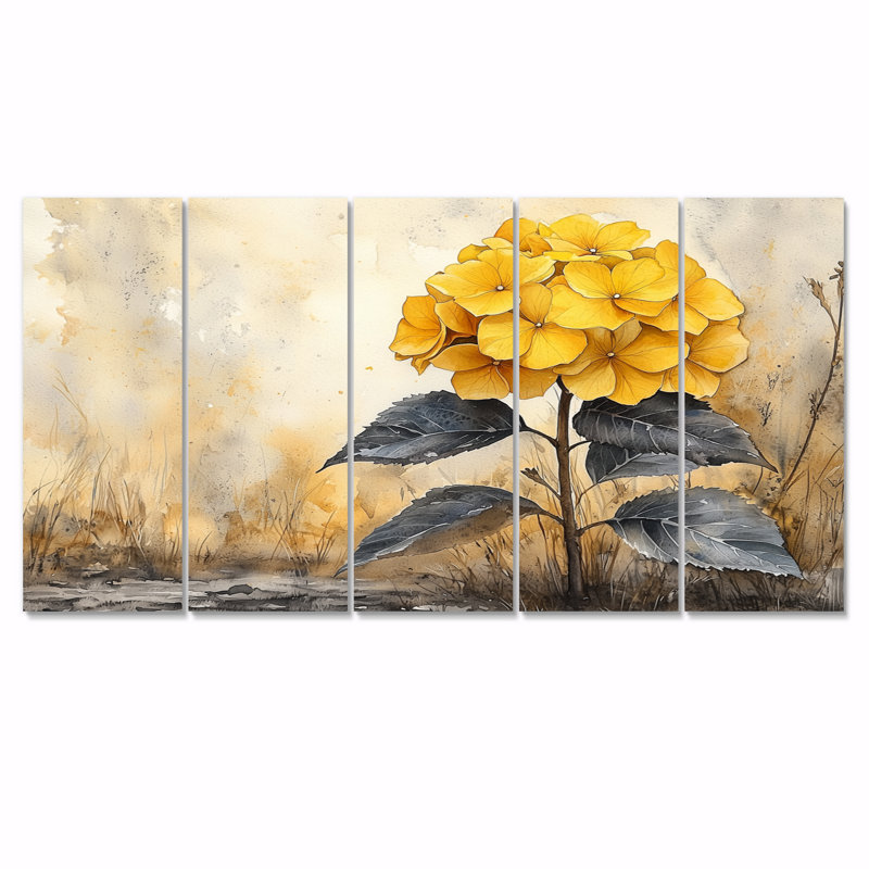 Jaune hydrangée jaune II - hydrangées - Art mural - décoration murale traditionnelle, H 32 po x l 80 po, 5