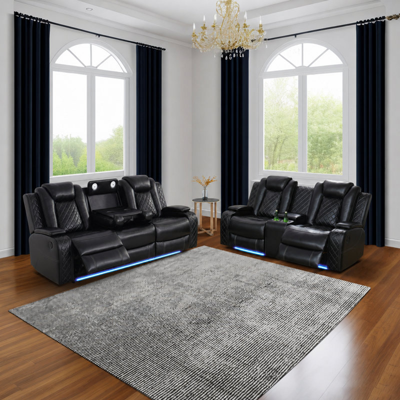 2-Piece Vegan Leather Power Reclining Living Room Sofa Set With Wireless Chargers And LED Lights, Black