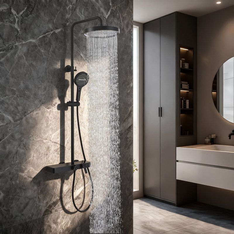 Système de douche complet 10,8 pouces 10 fonctions avec barre coulissante 2,6 gal / min, Noir mat