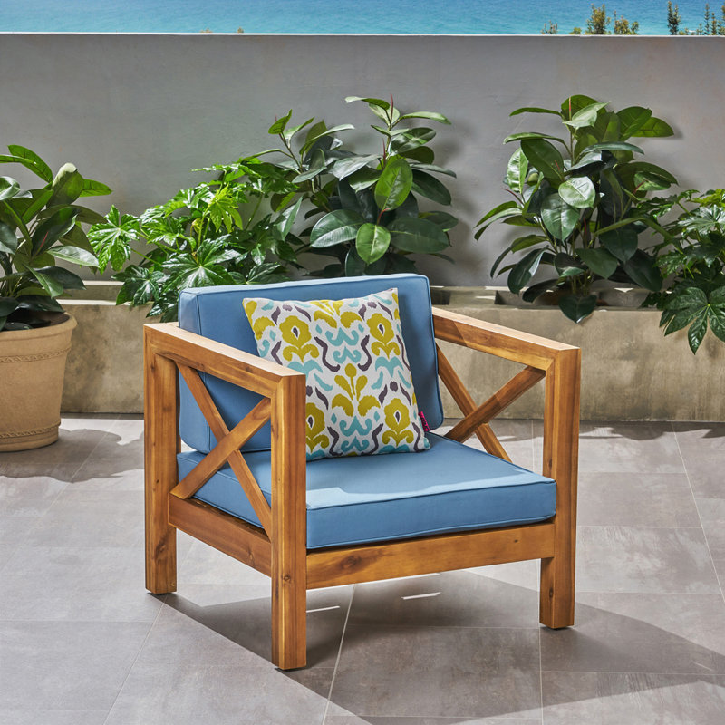 Chaise de patio avec coussins, Structure teck / coussins bleu