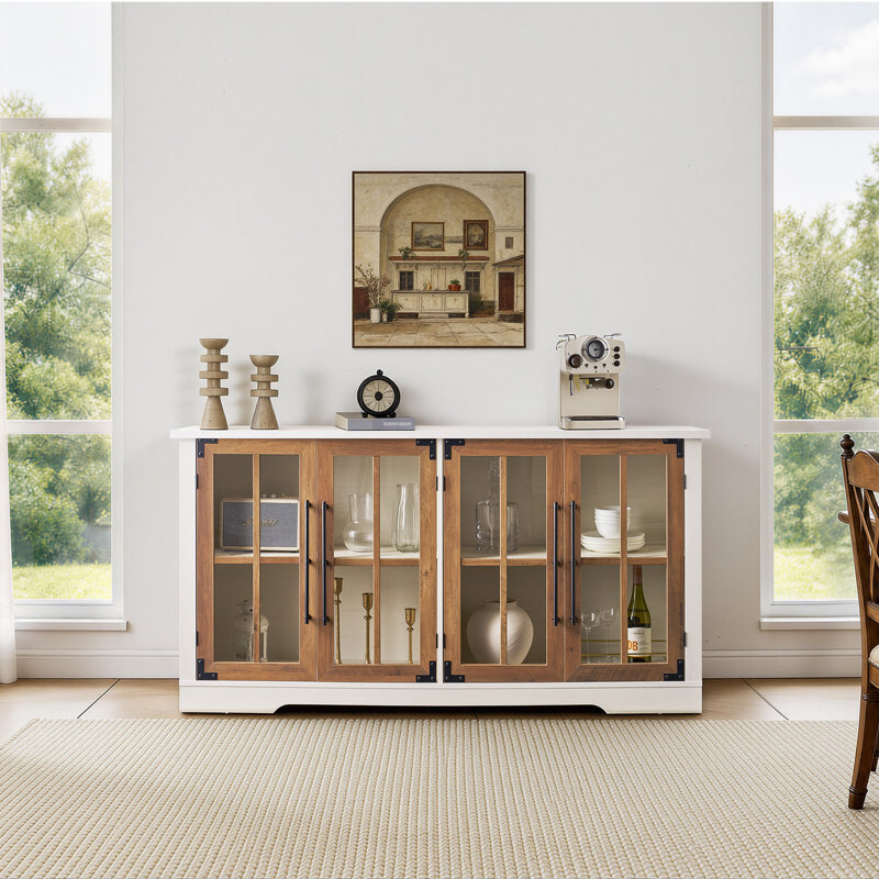 Buffet en bois de ferme l 63 po avec portes en verre et tablettes réglables Pfarr, blanc, Blanc