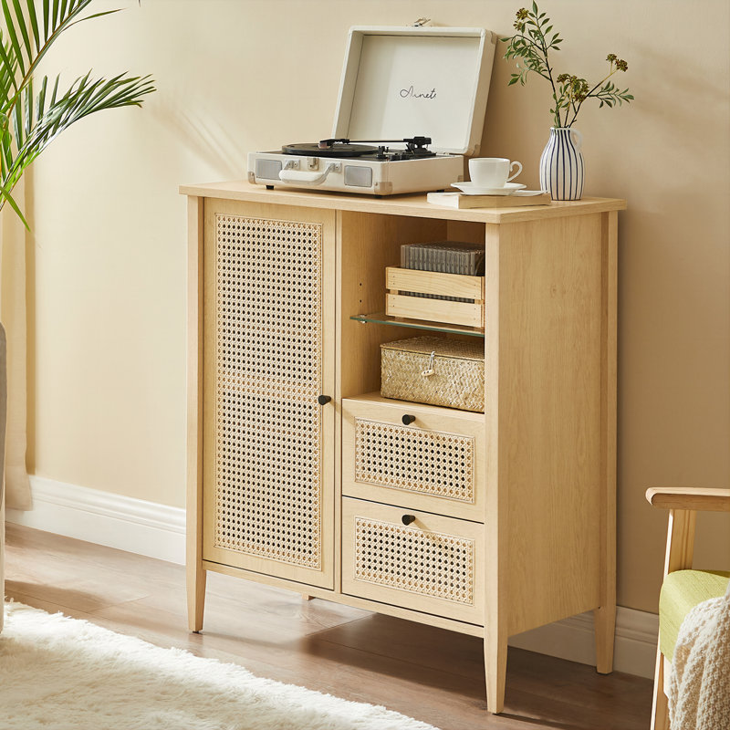 Buffet Leclair, buffet en rotin synthétique, armoire de rangement avec tablettes réglables, Naturel