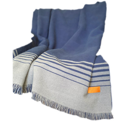 Blue and Gray Woven Microfiber Striped Throw Blanket with Fringe