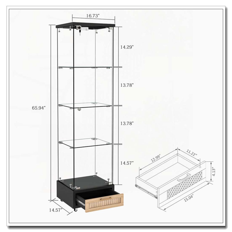 Vitrine moderne en verre avec tiroir et lumières DEL, Noir, naturel