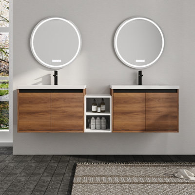 Meuble-lavabo mural Earnby 72 po avec 2 armoires, 4 portes à fermeture amortie, 1 tablette de rangement ouverte, poignée biseautée à 45°, fini ébène brun