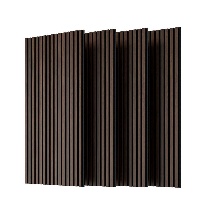Ensemble de 4 panneaux de lattes en bois cannelé noyer foncé 3D, panneau insonorisant entièrement enveloppé sur trois côtés de 45,27 po x 23,62 po, panneau de plafond mural décoratif en fibre de polyester à haute densité de 12 mm pour studio de bureau personnel