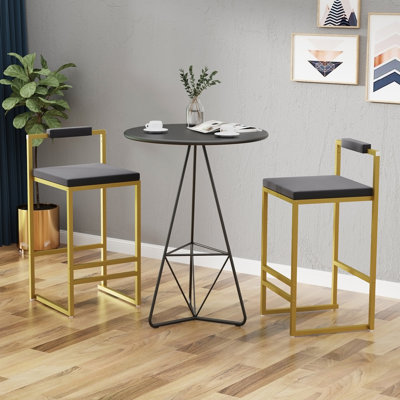 Ensemble de 2 tabourets de bar avec dossier et repose-pieds, chaises de salle à manger rembourrées en velours pour îlot de cuisine (doré et gris)
