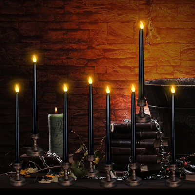 Ensembles de 8 bougies d'Halloween noires, chandelles sans flamme avec base, chandeliers à piles, bougies sans flamme scintillantes en plastique pour foyer d'Halloween