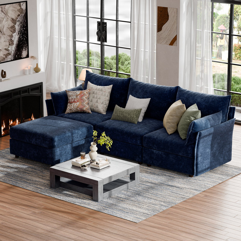 Merchelle 103' Wide Reversible Modern Modular Sectional Sofa With Storage Ottoman -Premium Chenille Fabric, Blue Chenille