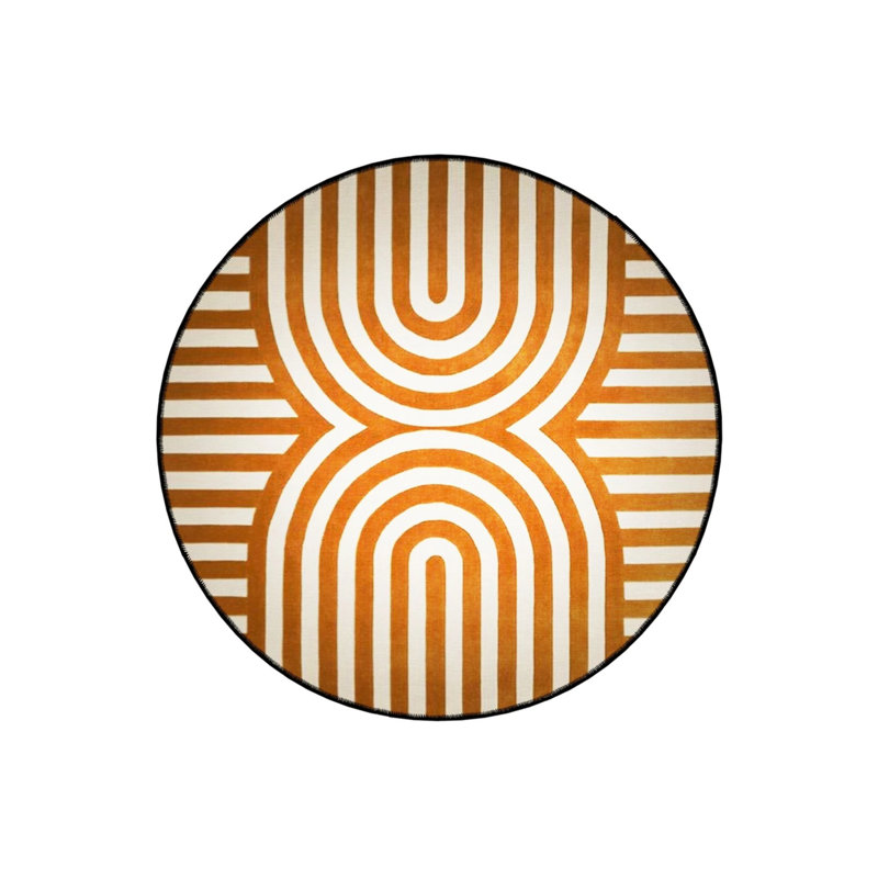Orange Stripes And Shapes Patterned Woven Base Decorative Carpet, Round 3'4"