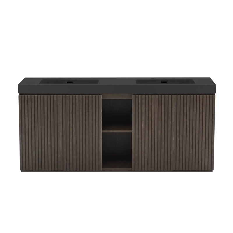 Meuble-lavabo sur pied en chêne fumé 72 po GALAN avec lavabo, grand meuble-lavabo autoportant avec rangement pour salle de bain moderne, lavabo à une pièce en quartz noir sans drain ni robinet, LTL