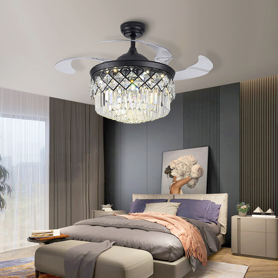 42'' Black Crystal Ceiling Fan with LED Lights For Living Romm & Dining Room Everly Quinn