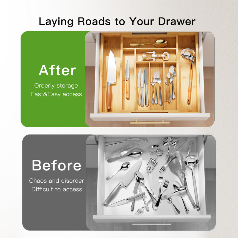 Luzius Bamboo Adjustable Expandable 8 Slot Flatware Drawer Organizer for Kitchen Utensils, Natural