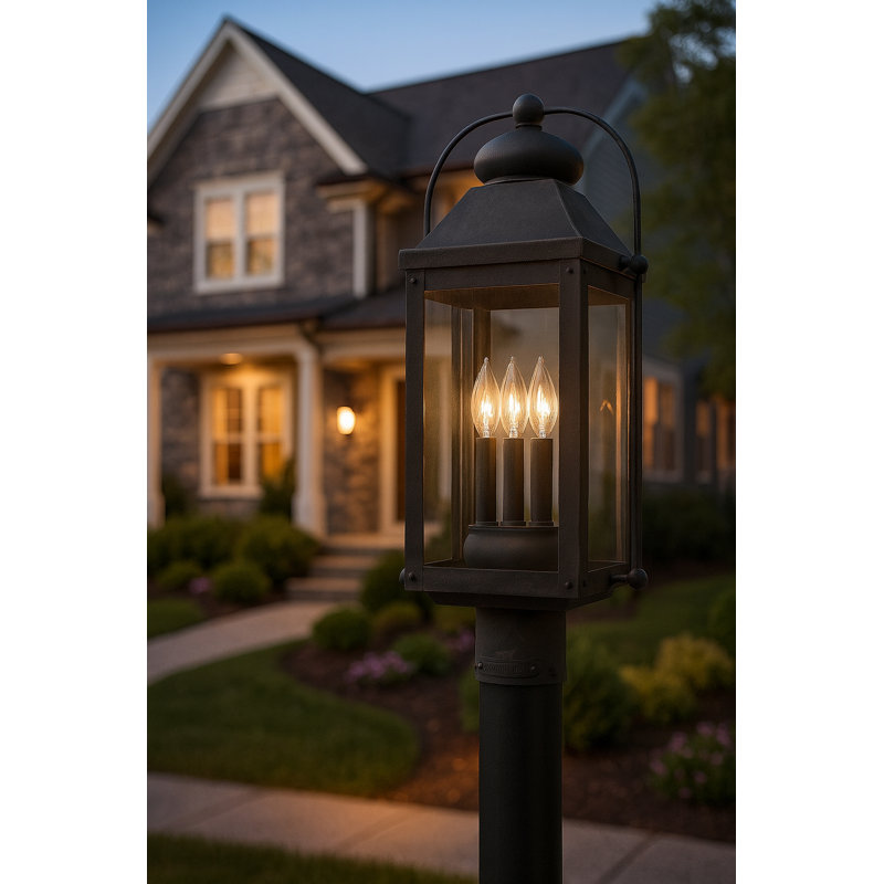 Anchorage Three-Light Heritage Style Outdoor Post Lantern with LumiGlo Bulbs, Aged Zinc