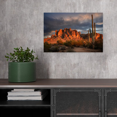 Saguaro Mountain Sunset Colorful Dramatic Serene Cactus Landscape Mountain Wall Art Print 1 Piece Wrapped Canvas Wall Art