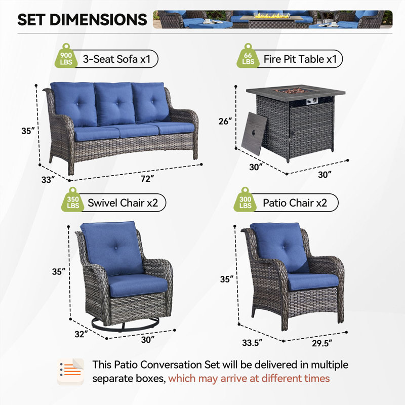 Wendye 6-Piece Wicker Patio Furniture Set With Rattan Chairs, Fire Pit & Sofa, Blue, Gray