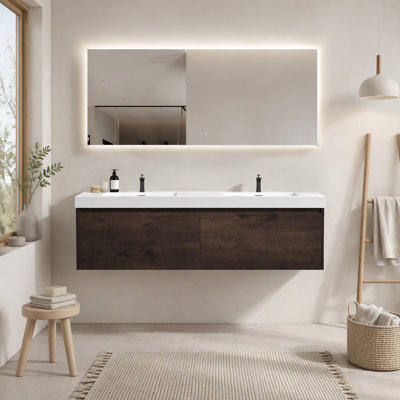 Meuble-lavabo 72 po avec double lavabo, armoire murale en noyer foncé, tiroirs imbriqués, lavabo blanc brillant, sans drain et robinet, pré-assemblé