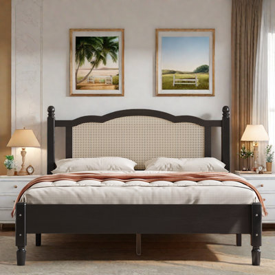 Platform Bed Bohemian Wooden Platform Bed With Natural Rattan Headboard And Arc Design