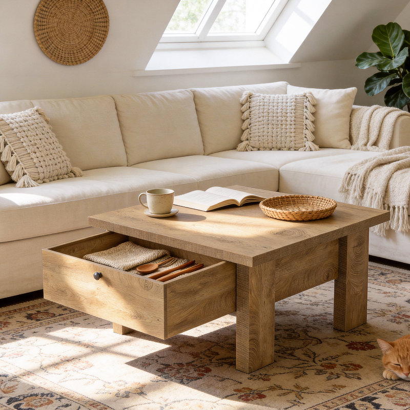 Brown 31.5" Square Coffee Table with Storage for Small Spaces