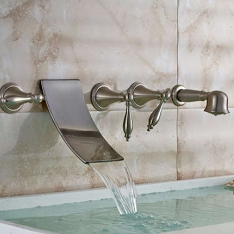 Brushed Nickel Triple Handle Wall-Mounted Waterfall Tub Faucet – Elegant Design with Hand Shower