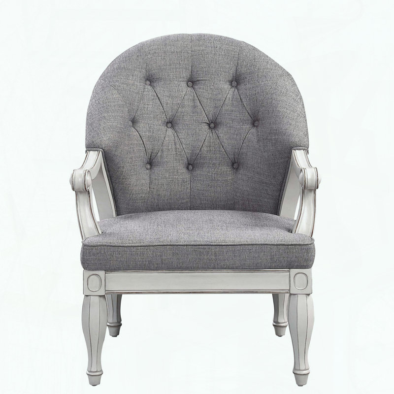 Chaise capitonnée classique avec tissu gris et finition blanc antique