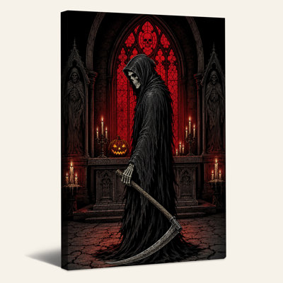 «Grim Reaper», debout devant un vitrail rouge