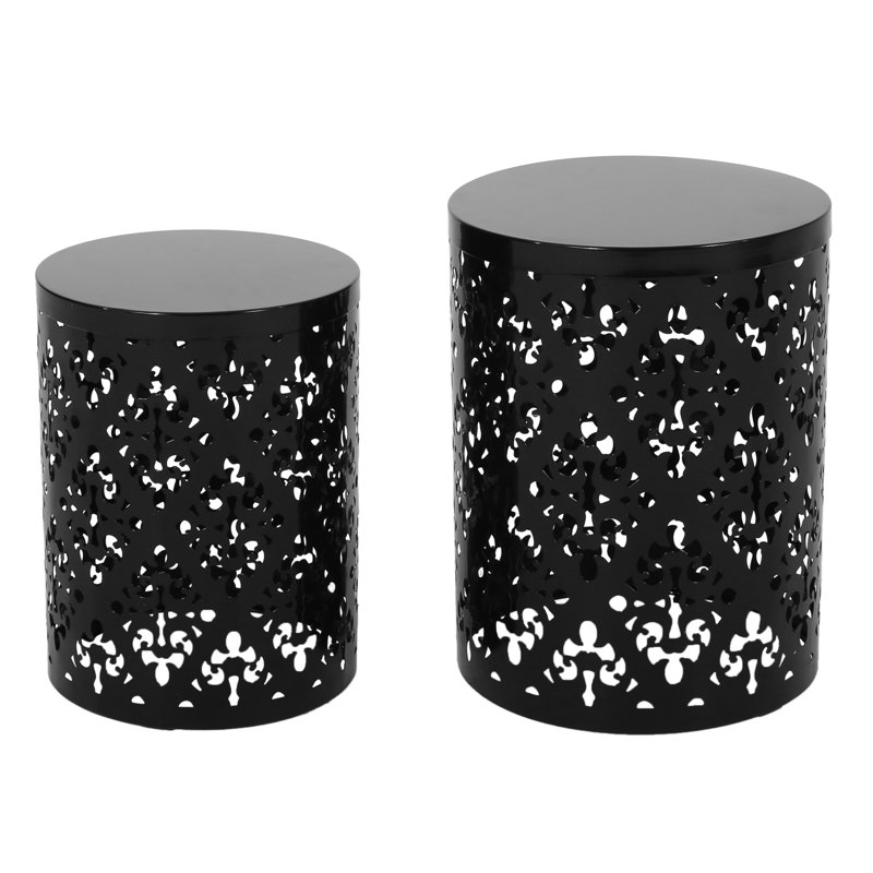 Metal S/2 End Tables, Modern Iron Cut Frame Design, Powder-Coated Iron, Black, No Assembly, Sizes 13.75W X 13.75D 18.00H & 11.75W 11.75D 15.75H Table Of 2, Style With Appeal, Frame,
