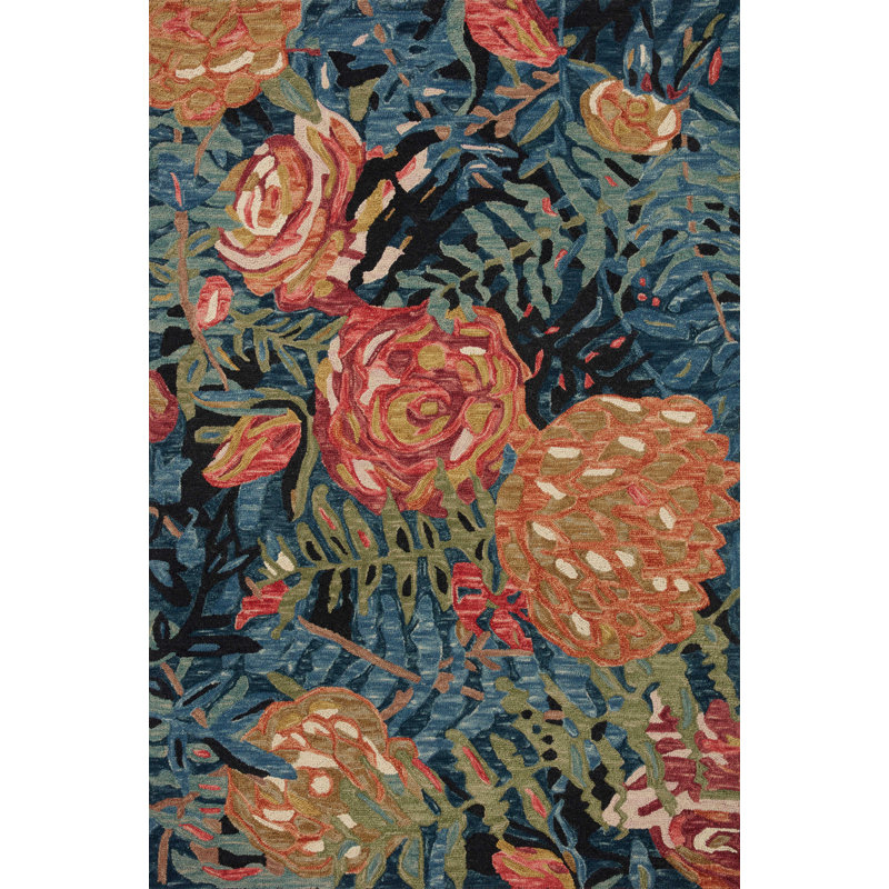 Tapis en laine crocheté à la main noir / orange Obregon, Rectangle 8 pi 6 po x 11 pi 6 po
