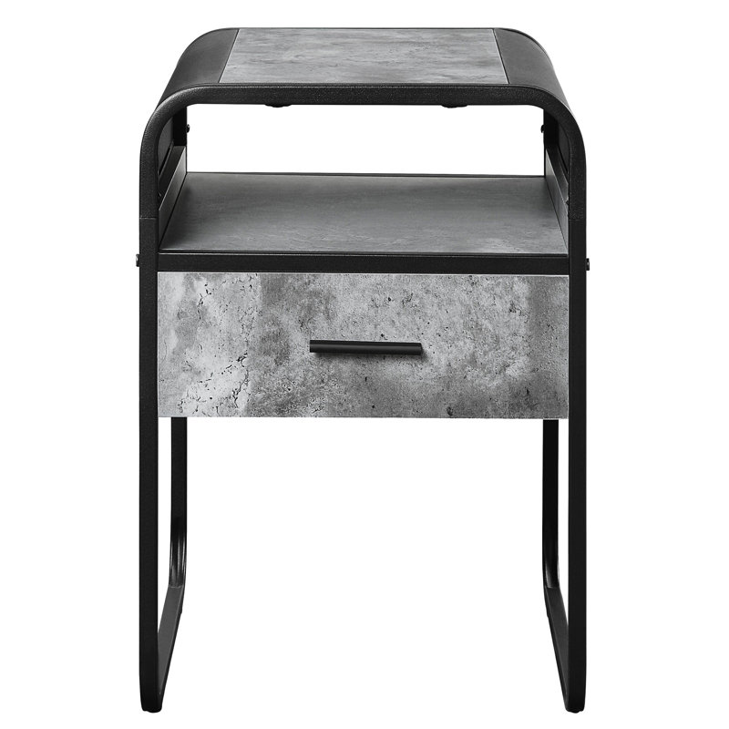 Table de bout en béton gris et noir pour le salon, tiroir spacieux et tablette d'exposition, bords courbés élégants, structure en métal 1 avec bords ouverts soutenus par