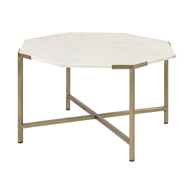 Table basse 33 "en marbre et métal véritable blanc et or 33"