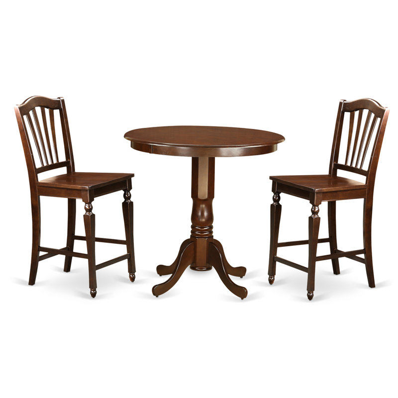 Ensemble de table de salle à manger 3 pièces à hauteur de comptoir comprenant une table ronde en bois avec piédestal et 2 chaises de cuisine, acajou
