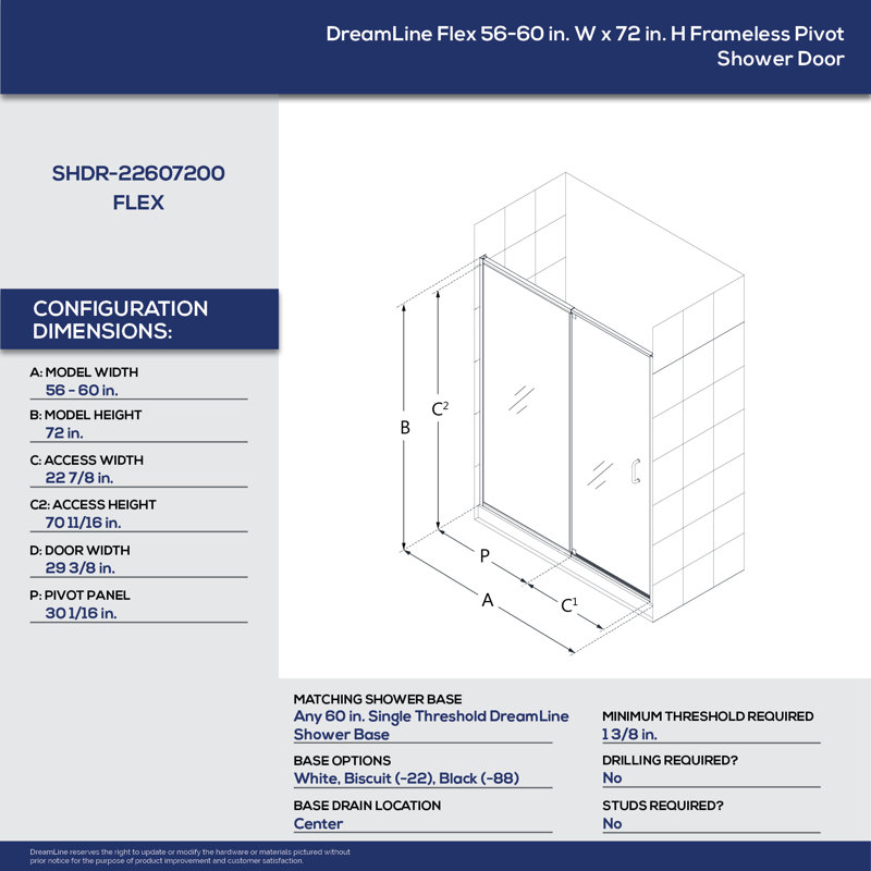 Flex Dreamline 60" x 74.75" Rectangle Pivot Shower Enclosure with Base Included, Chrome/Biscuit, Left