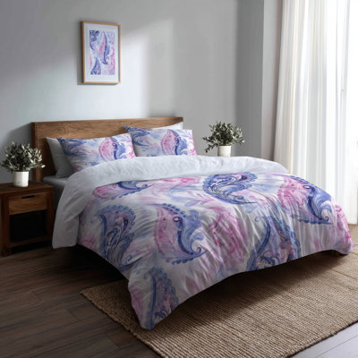 Modern Bedding Set Of 3 - Purple Paisley Harmony Duvet Cover And Throw Pillow Set