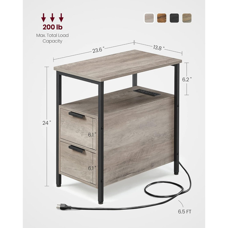 Side Table with Charging Station, Narrow End Table with 2 Drawers, Slim Nightstand and Bedside Table with Storage, for Small Spaces, Greige + Black