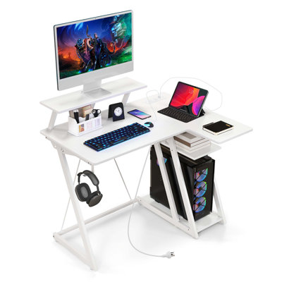 Saavon L-Shaped Steel Computer Desk with Built-In Electrical Outlet