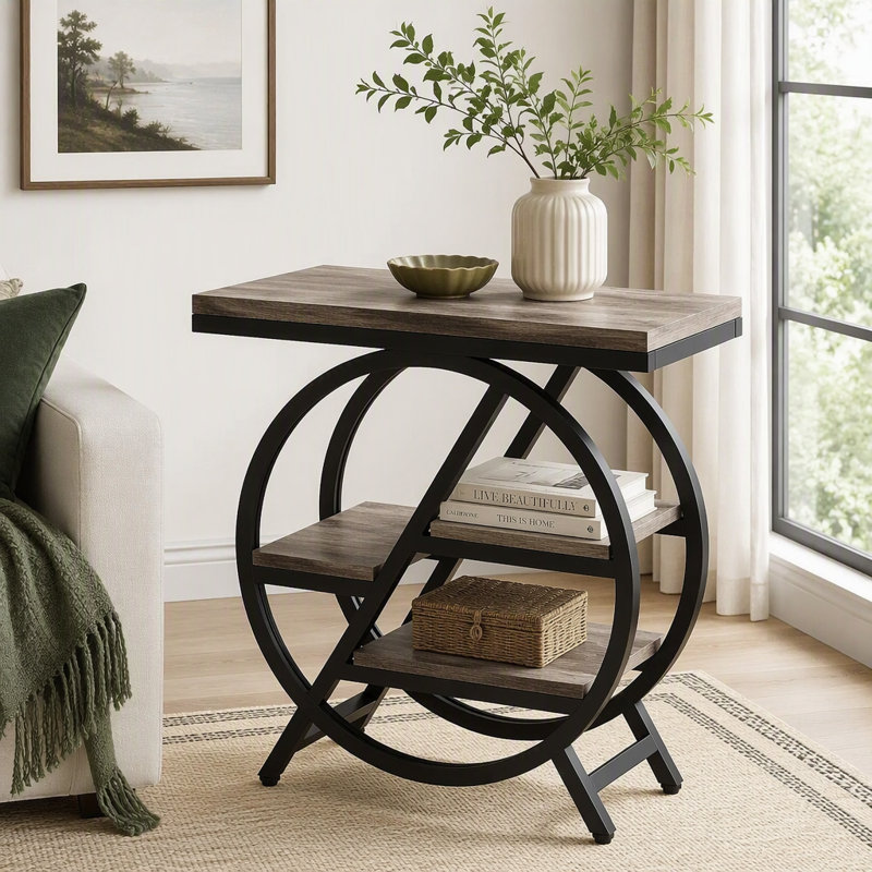 Table d'appoint industrielle à 4 niveaux avec tablettes décalées pour un rangement compact et un salon polyvalent., Gris