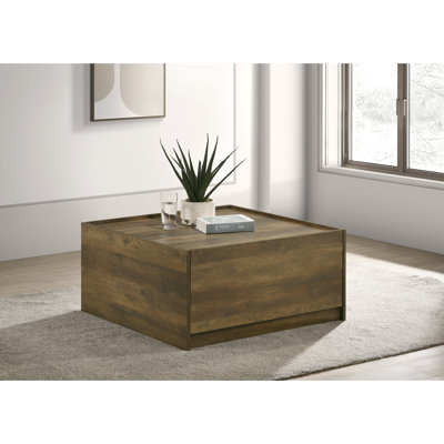 Travon 31.5-inch Square Coffee Table with Drawers, Oak Finish Dual-Sided Centre Table, Handleless Storage Drawers, Raised Lip Top for Living Room