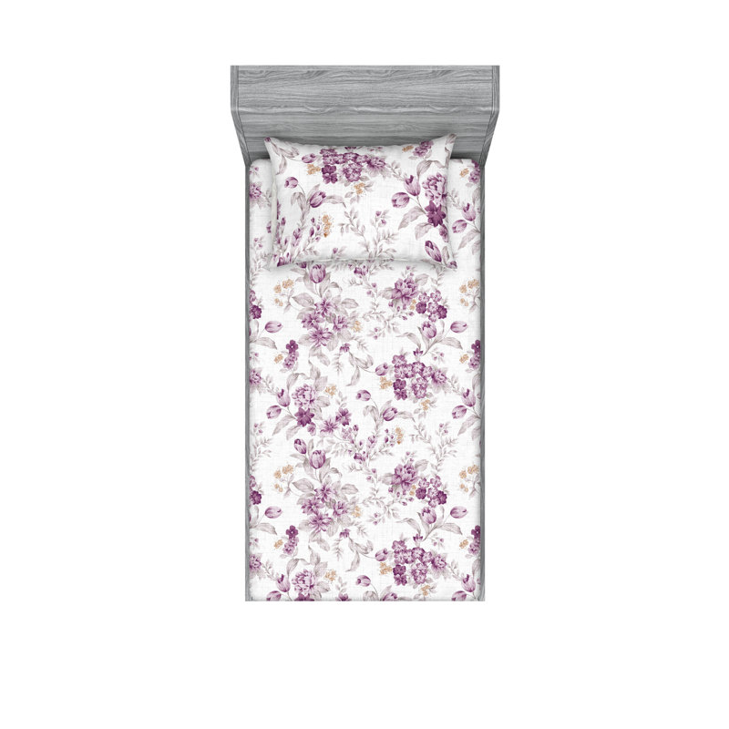 Drap-housse et taies décoratives 3 pièces Ambesonne, Prune / motif floral vert amande pâle