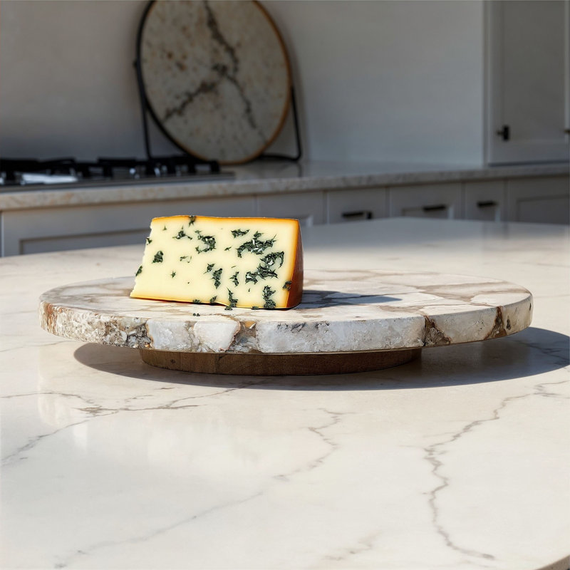 Round Agate Lazy Susan With Mango Wood Base, White/Gray