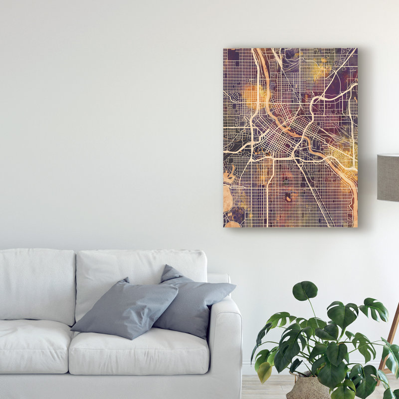 « minneapolis minnesota city map ii », impression sur toile tendue en vert/gris, H 47 po x l 35 po x P 2 po