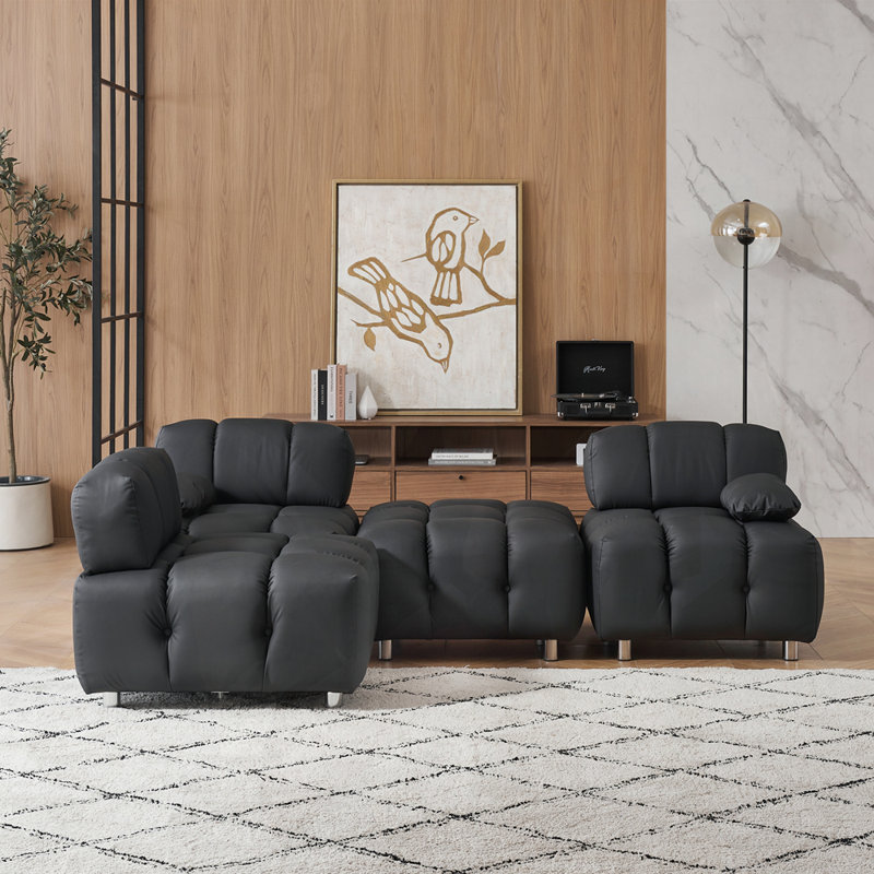 Canapé capitonné capitonné, Cuir noir, H 27,56 po x l 90,6 po x P 33,5 po