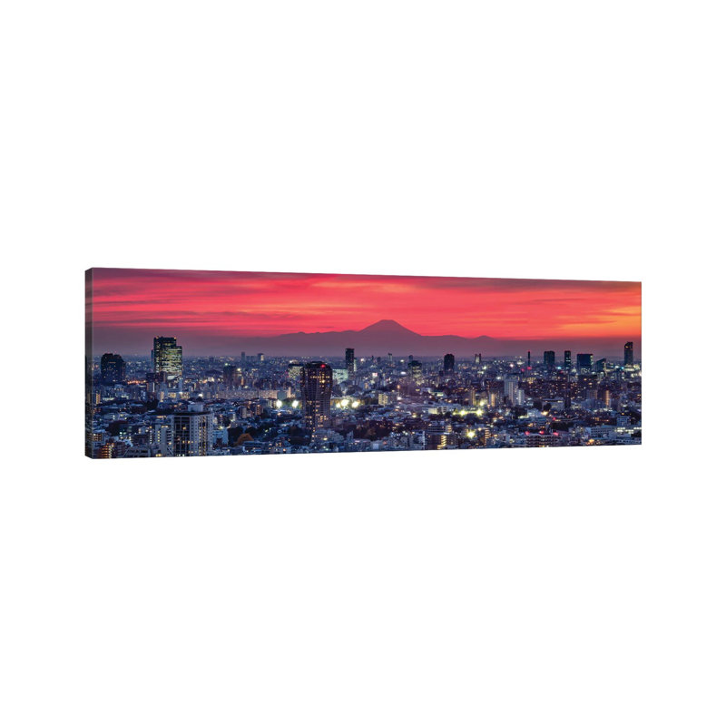 Tokyo Skyline Panorama At Sunset With View Of Mount Fuji by Jan Becke - Wrapped Canvas Panoramic Print