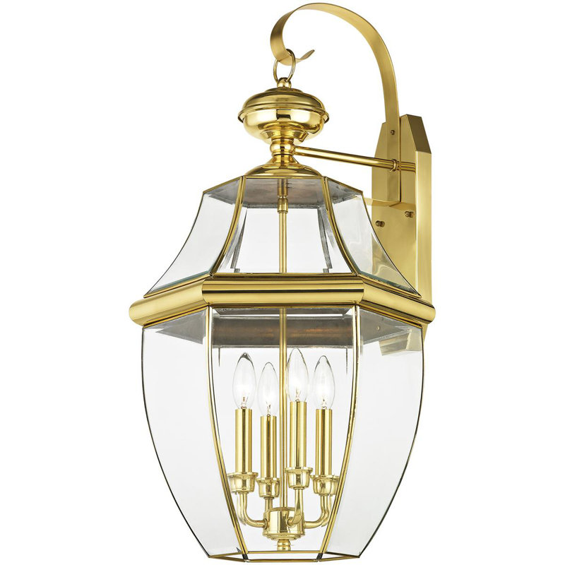 16in 4-Light Outdoor Wall Lantern Pendant with Clear Beveled Glass Shade, Polished Brass