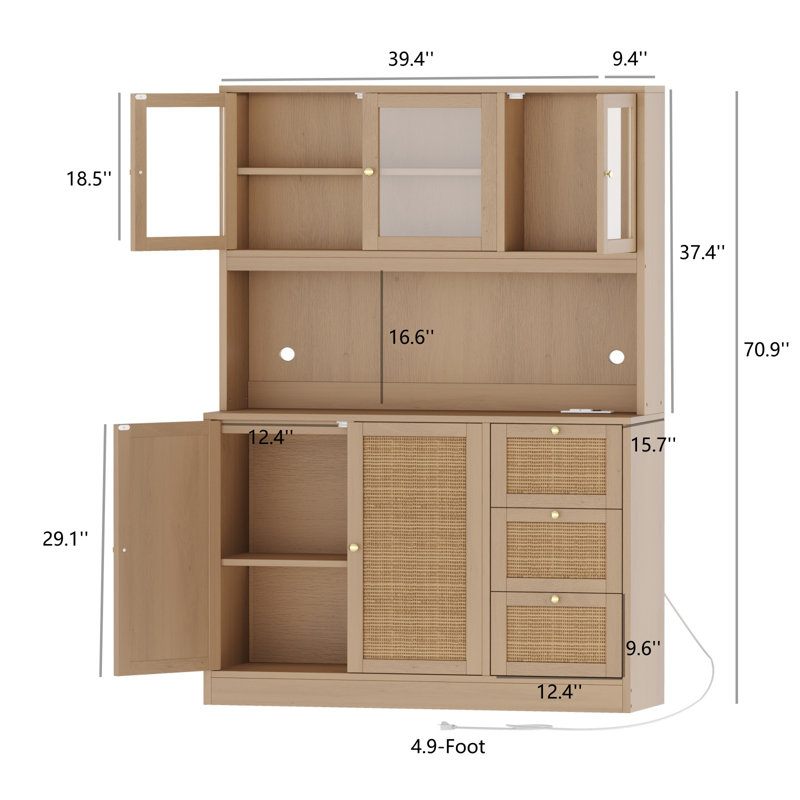 Armoire de cuisine 70 po de hauteur 70,9 po, armoire de cuisine autoportante avec tiroirs et portes, tablettes réglables, naturel
