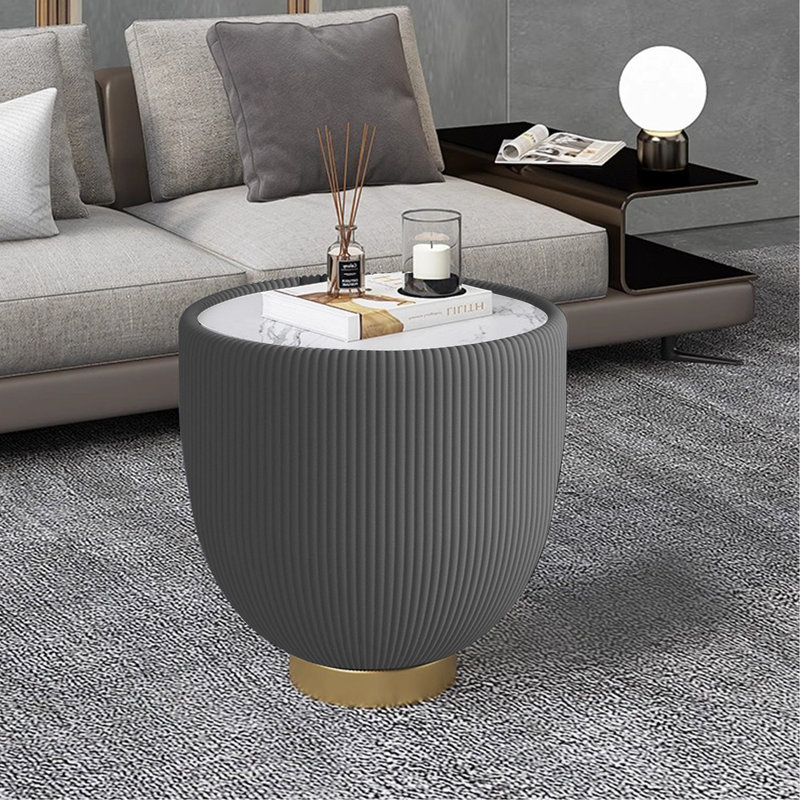 Luxurious Light Marble Top Leather Coffee Table, Cup Shape Design for Modern Living Room Furniture, Gray