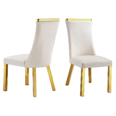 Chaises de salle à manger en velours blanc avec pattes en acier inoxydable doré poli et garniture supérieure en métal décoratif, lot de 2