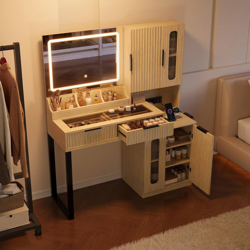 46.5" Makeup Vanity Desk with LED Lights - Fluted Design, Large Mirror, 2 Drawers & 4 Cabinets, Glass Top & Charging Station, Perfect Dressing Table for Bedroom Gift (Natural)