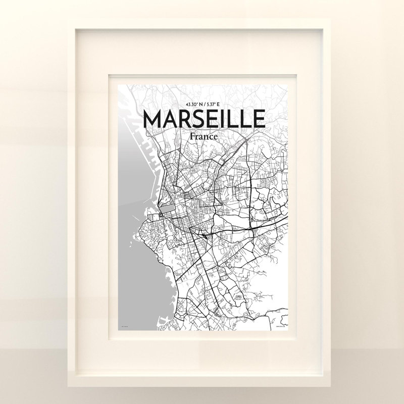 «Marseille City Map», impression, H 24 po x l 18 po, Gris / blanc